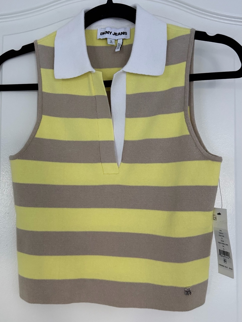 DKNY Jeans Women’s XS Striped Sleeveless Knit Polo Top Yellow Taupe NWT